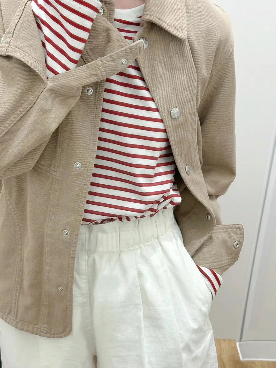 Long Sleeve Striped T Shirt Marine Cotton Crew Neck Loose Fit Women Tees Tops