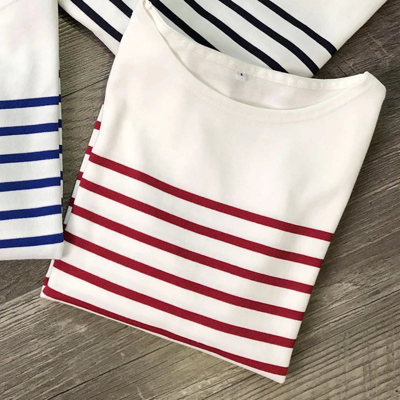 Marine Crew Neck Striped T Shirt Women Long Sleeve Combed Cotton Tops Tees Regular Fit S-XL