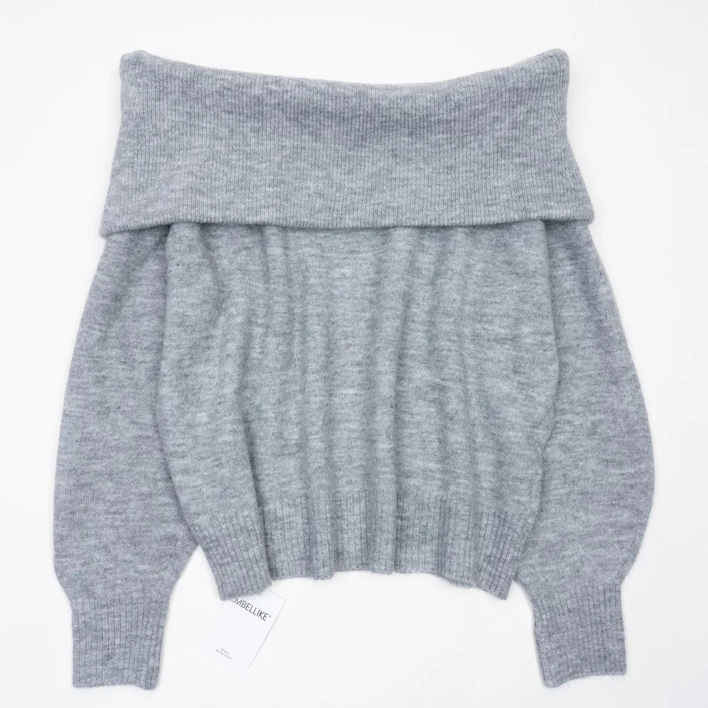 Fluffy Off Shoulder Sweater Women Fashion Jumpers Pullover Knitted Burgundy Grey Beige