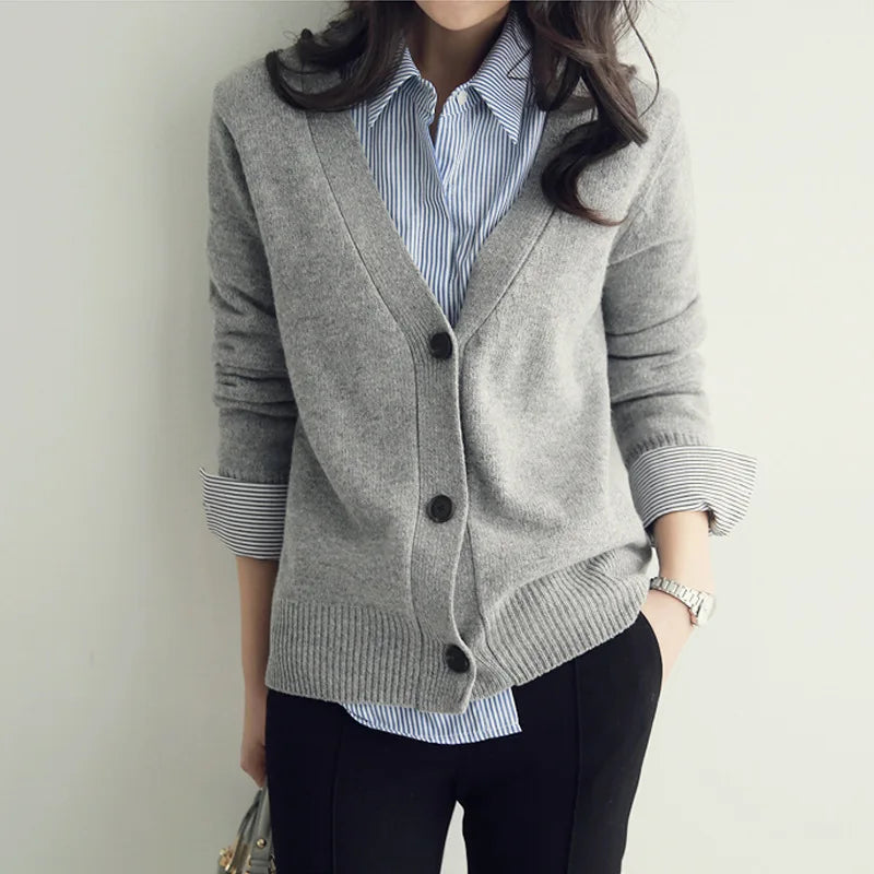 Basic Brief V Neck Cardigan Sweater Women Knitted Cardigans Black Grey Beige S-2XL