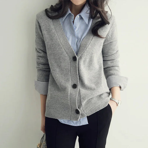 Basic Brief V Neck Cardigan Sweater Women Knitted Cardigans Black Grey Beige S-2XL