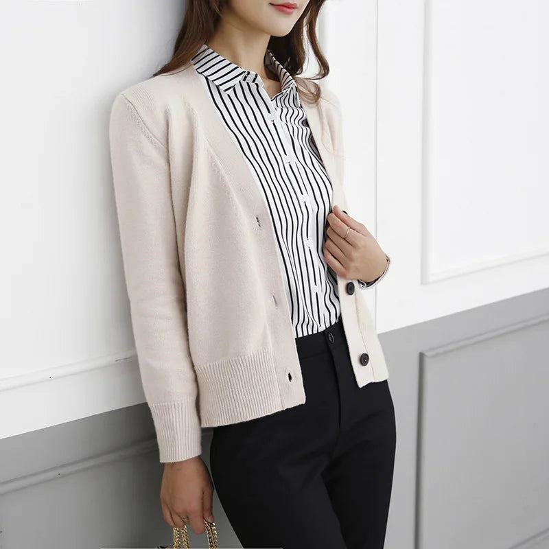 Basic Brief V Neck Cardigan Sweater Women Knitted Cardigans Black Grey Beige S-2XL
