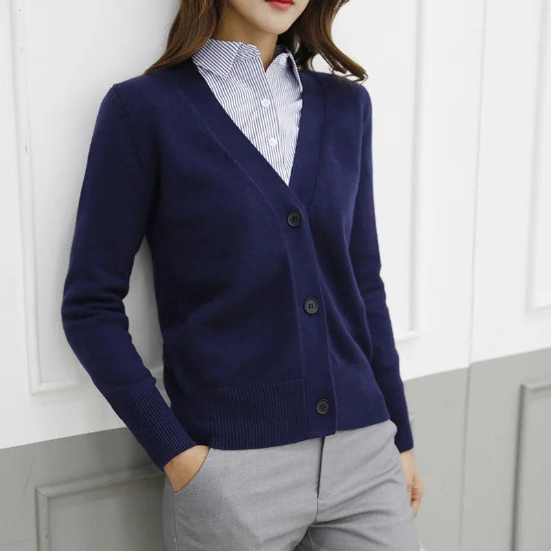 Basic Brief V Neck Cardigan Sweater Women Knitted Cardigans Black Grey Beige S-2XL
