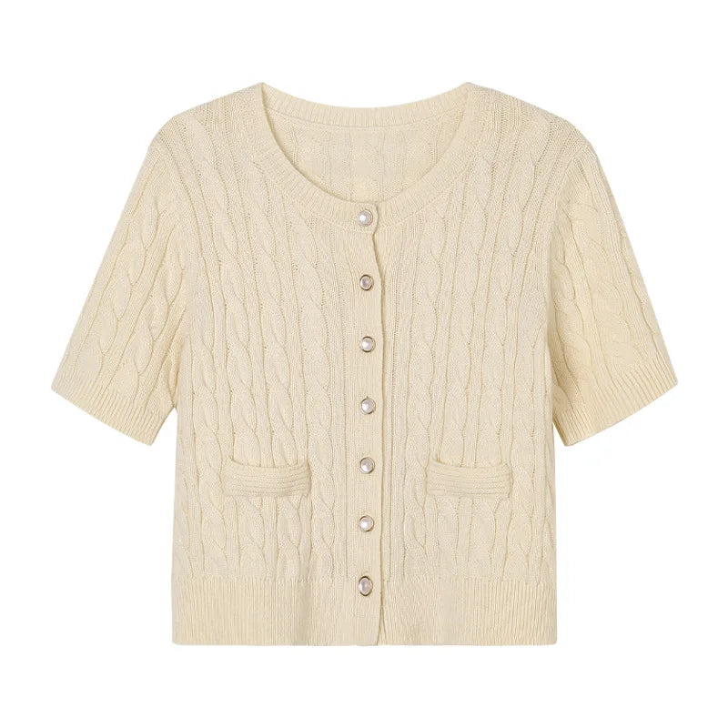 Cropped Short Sleeve Wool Cable Cardigan Sweater Women