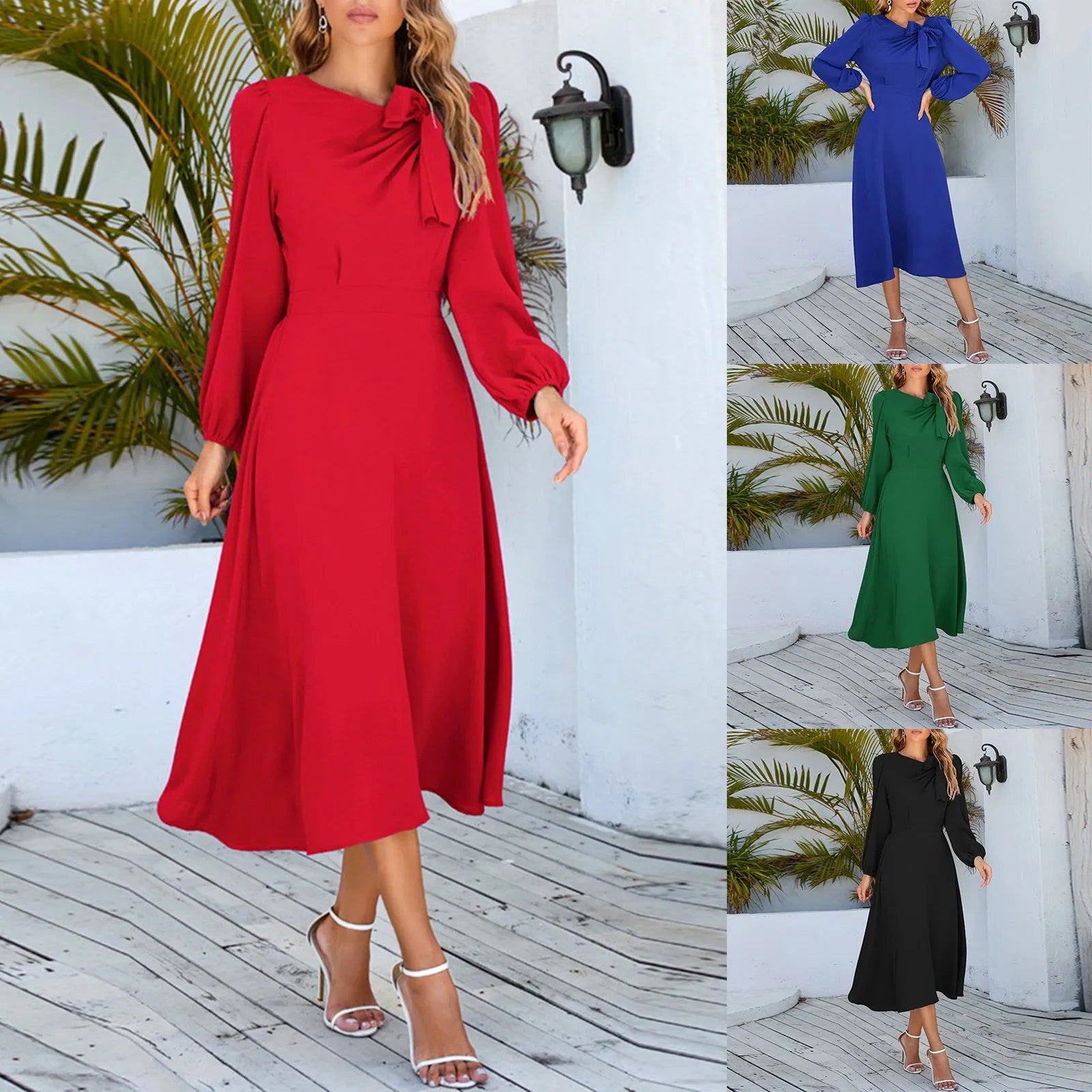 Autumn and Winter Fashion Style Round Neck Bow Versatile A-line  Splice Women's Dress 2025