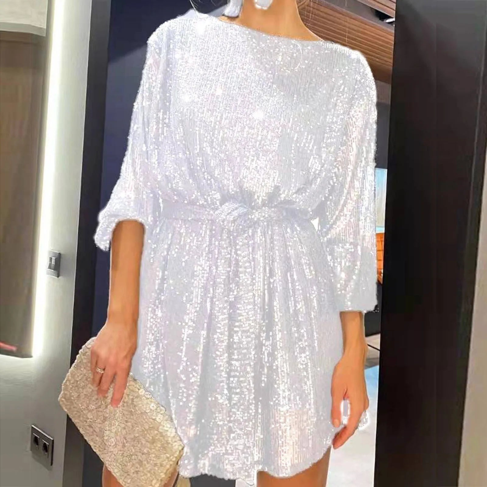 Womens Puff Long Sleeve Glitter Sequin Dress Wedding Bridesmaid Sparkly