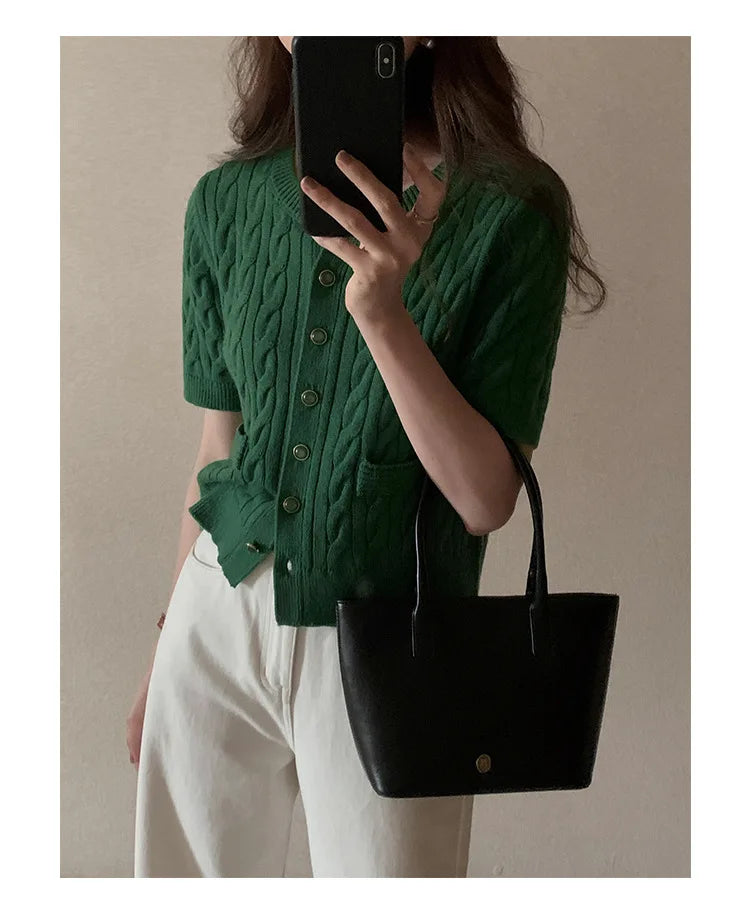 Cropped Short Sleeve Wool Cable Cardigan Sweater Women