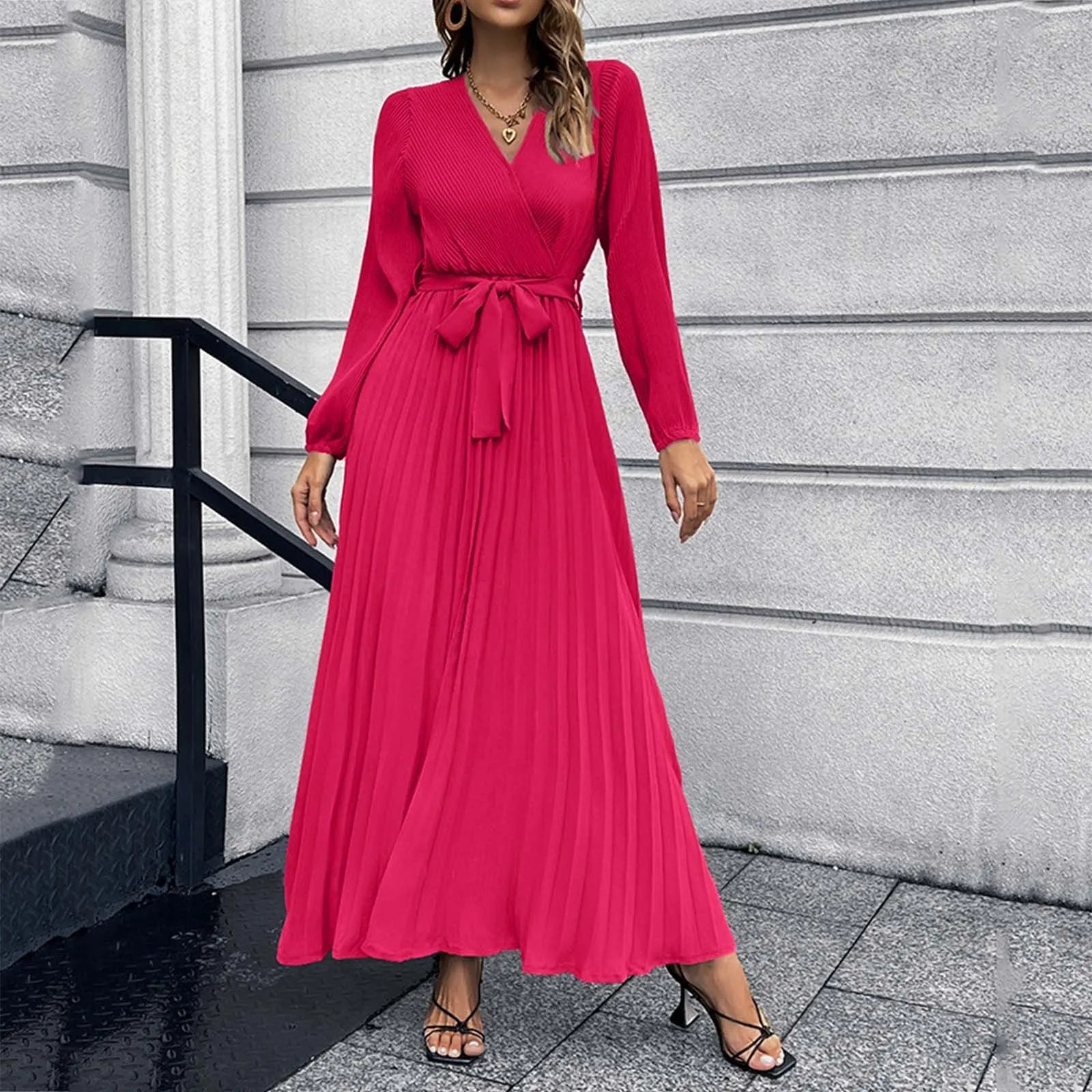 2025 Women's Autumn New Green Long-Sleeved Dress Lace Up Cross V-neck