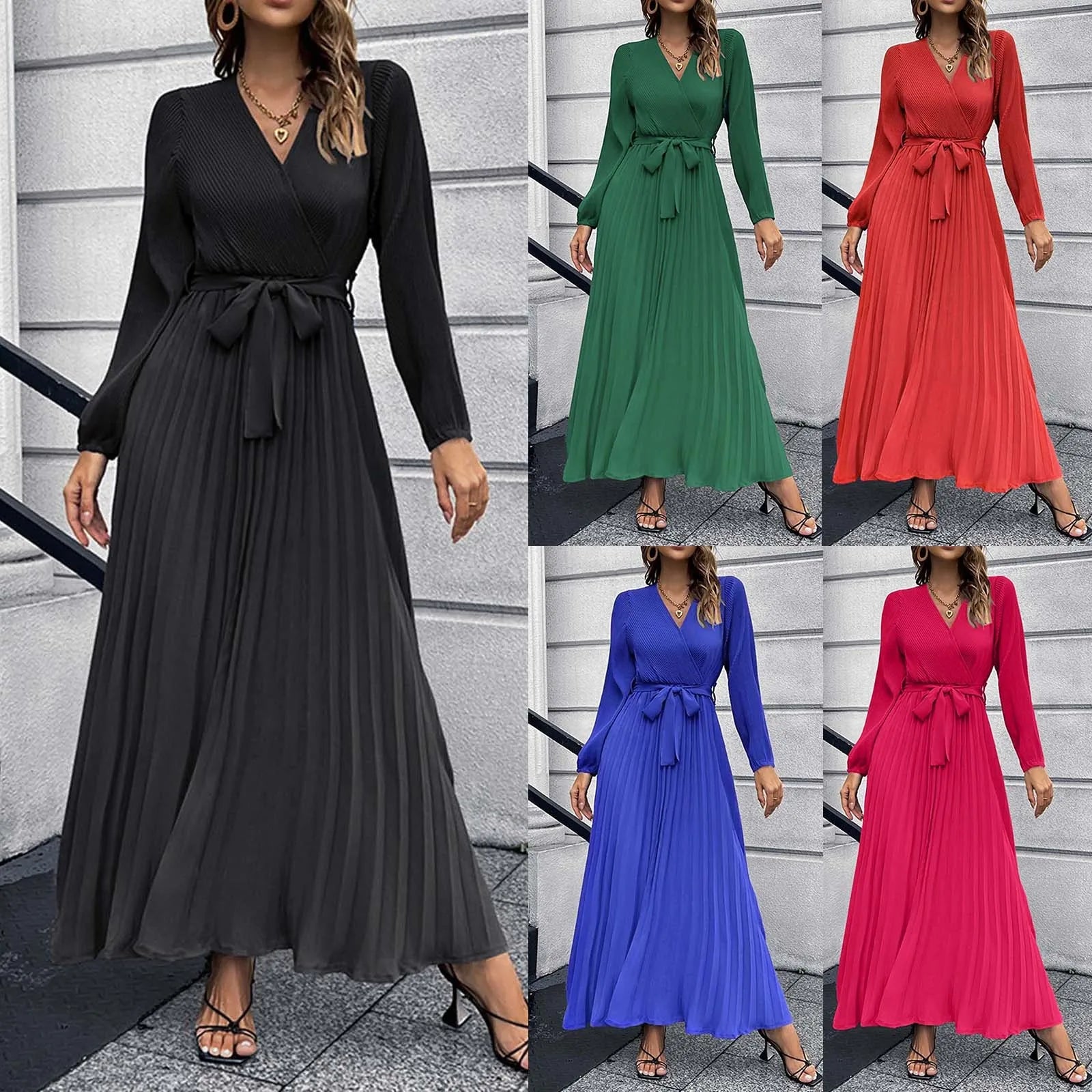 2025 Women's Autumn New Green Long-Sleeved Dress Lace Up Cross V-neck