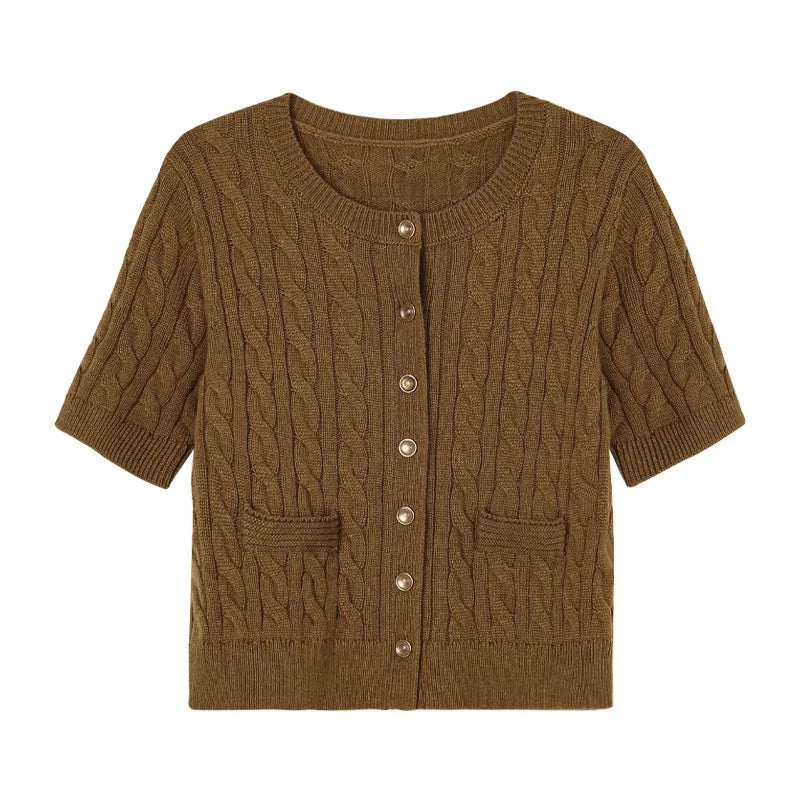 Cropped Short Sleeve Wool Cable Cardigan Sweater Women
