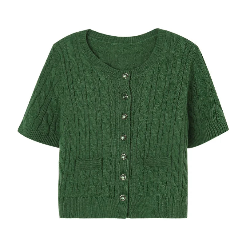 Cropped Short Sleeve Wool Cable Cardigan Sweater Women