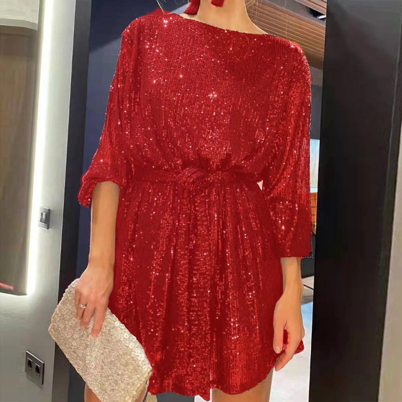 Womens Puff Long Sleeve Glitter Sequin Dress Wedding Bridesmaid Sparkly