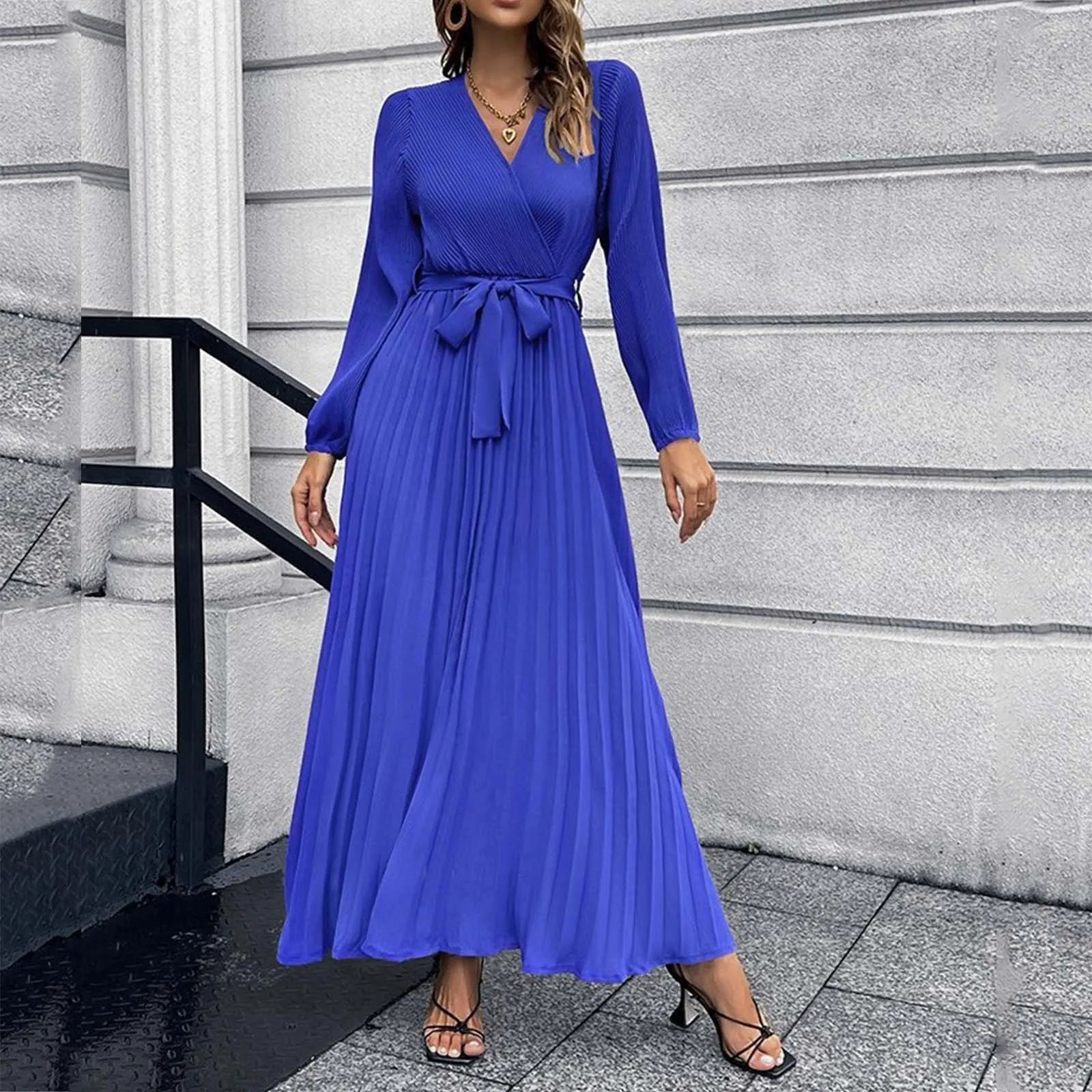 2025 Women's Autumn New Green Long-Sleeved Dress Lace Up Cross V-neck