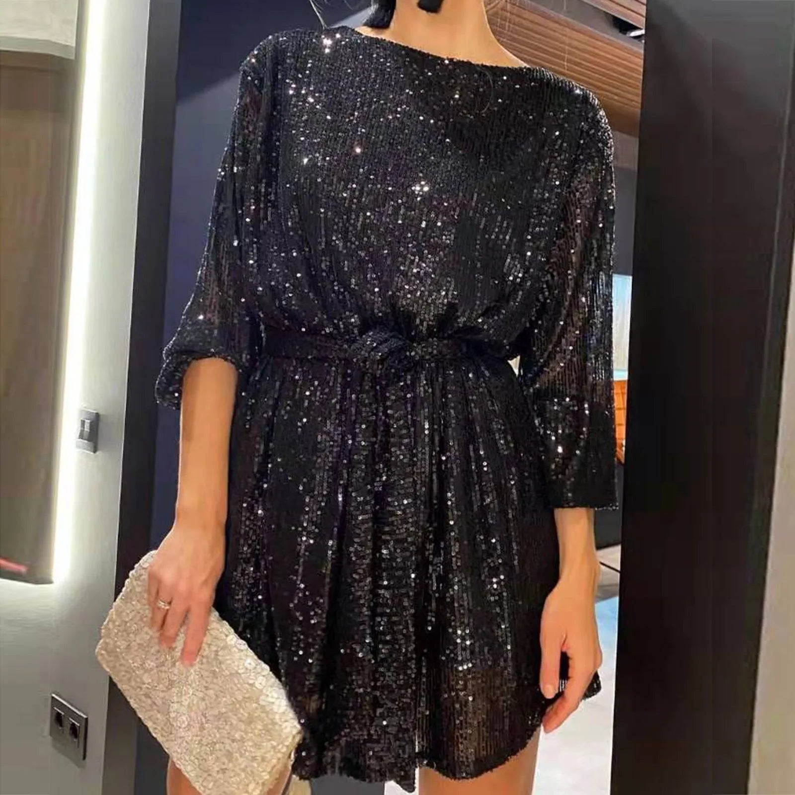 Womens Puff Long Sleeve Glitter Sequin Dress Wedding Bridesmaid Sparkly