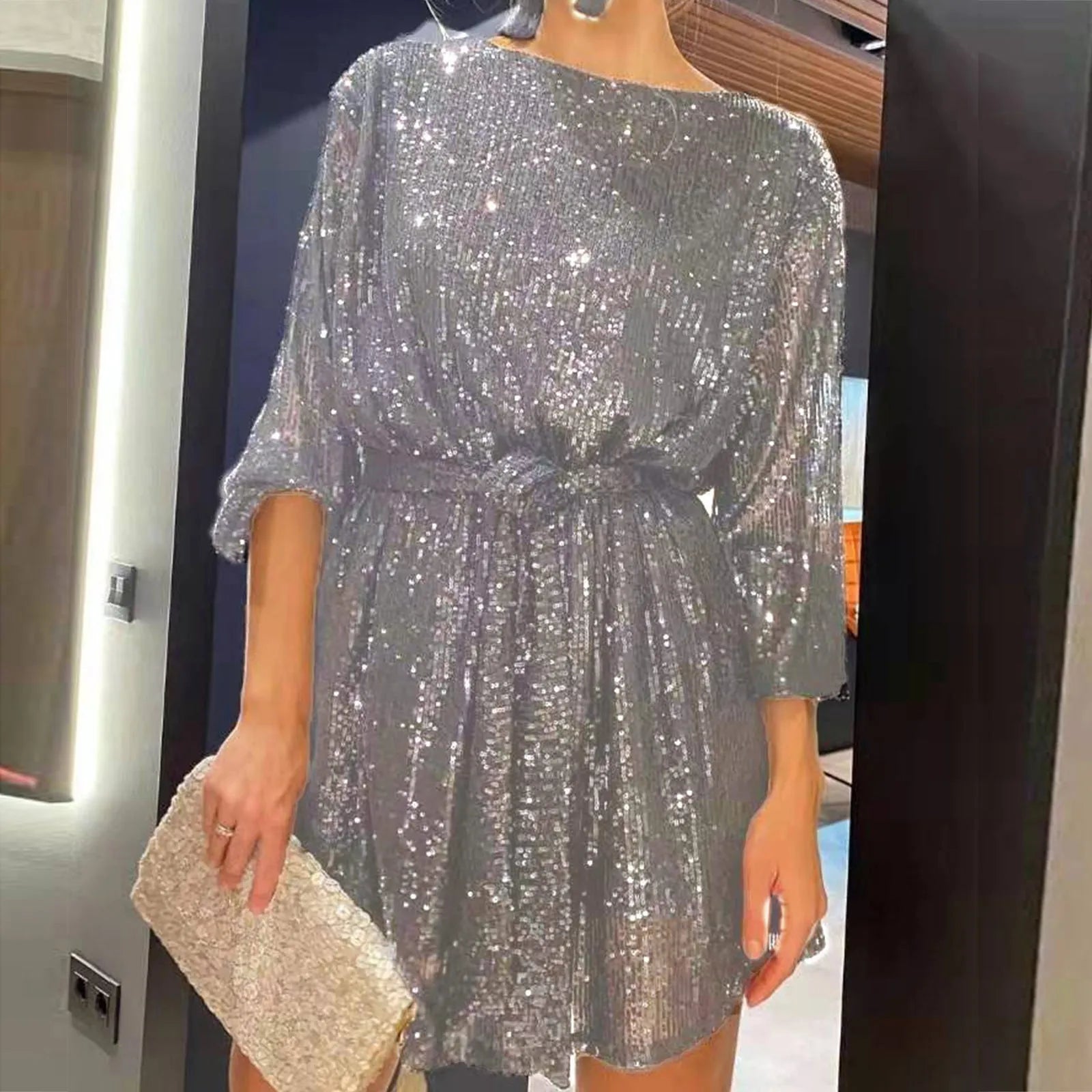Womens Puff Long Sleeve Glitter Sequin Dress Wedding Bridesmaid Sparkly